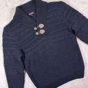 L'UOMO Mens Shawl Neck Cable Knit Sweater Large Navy Blue Toggle Button Italy